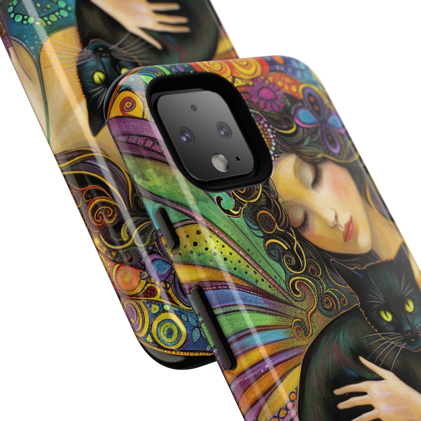 Artistic Phone Case, Celestial Cat Case, Bohemian Style, Gift for Cat Lovers, Unique Phone Protection, Colorful Design
