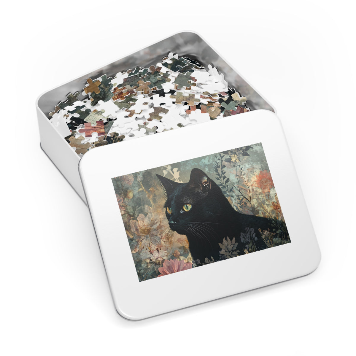 Black Cat Floral Art Jigsaw Puzzle with Tin