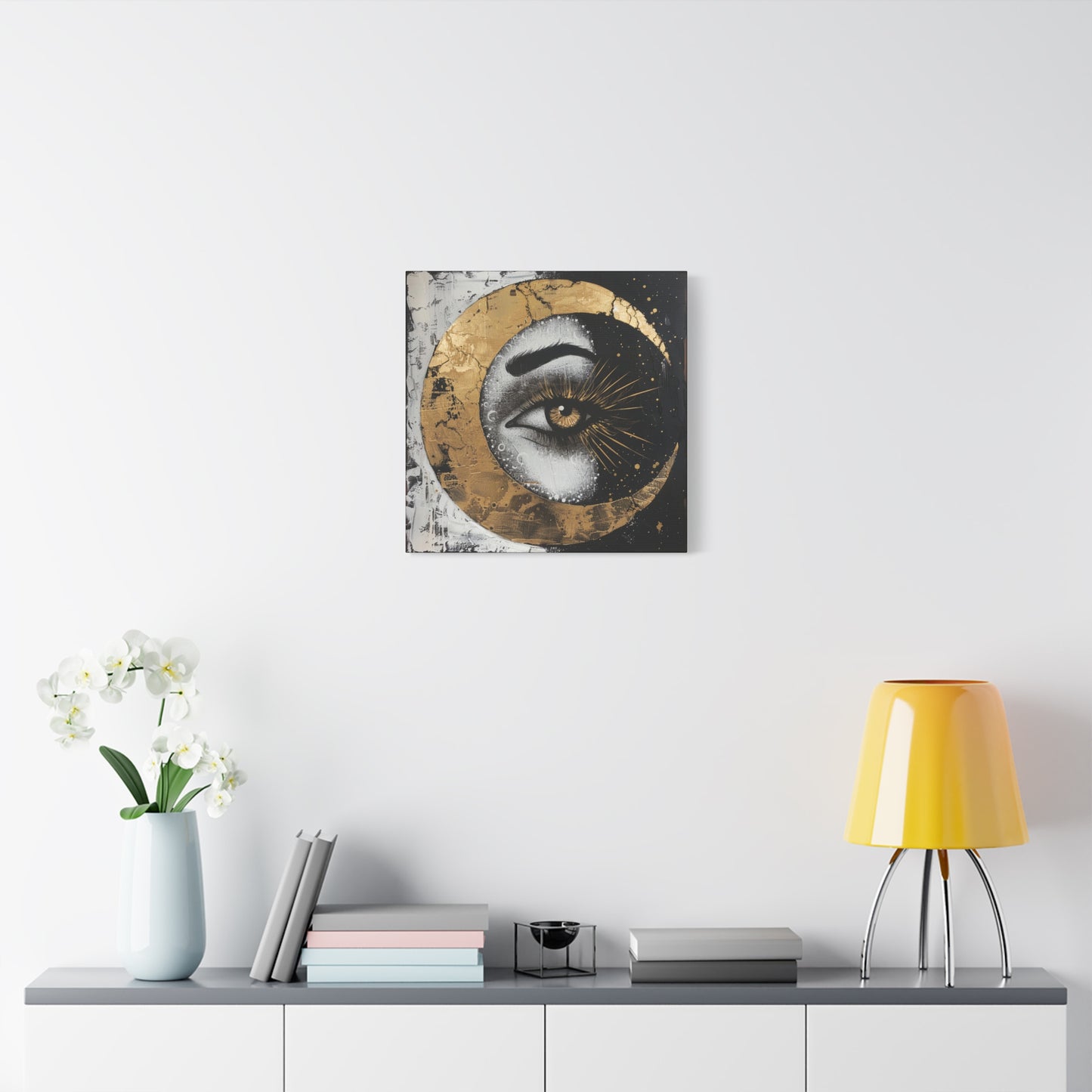 Celestial Eye Canvas Art, Gold Moon Wall Decor, Modern Home Aesthetic, Spiritual Artwork, Gift for Meditation, Boho Living Room Accent