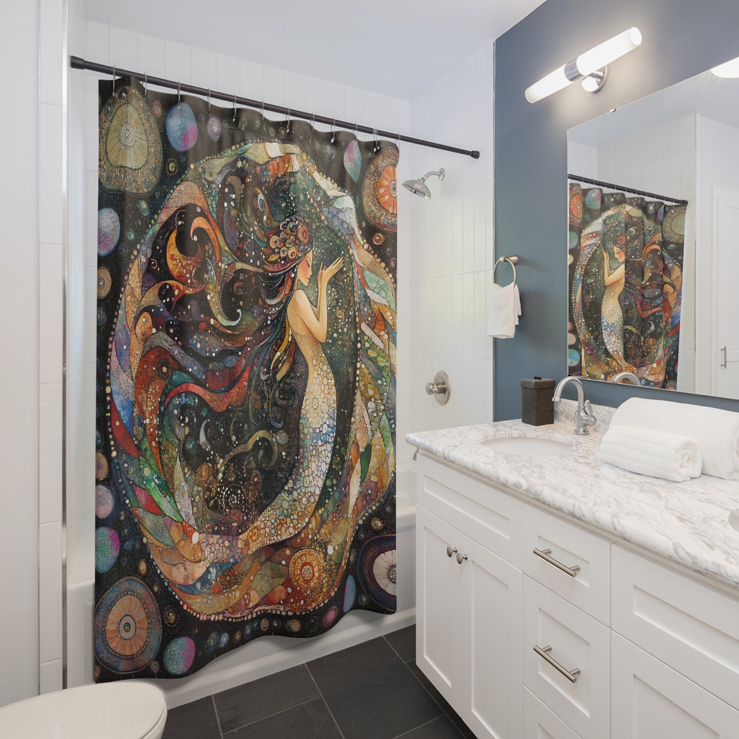 Celestial Mermaid Shower Curtain | Ethereal Home Decor, Bohemian Bathroom, Ocean Vibes, Gift for Her, Fantasy Art