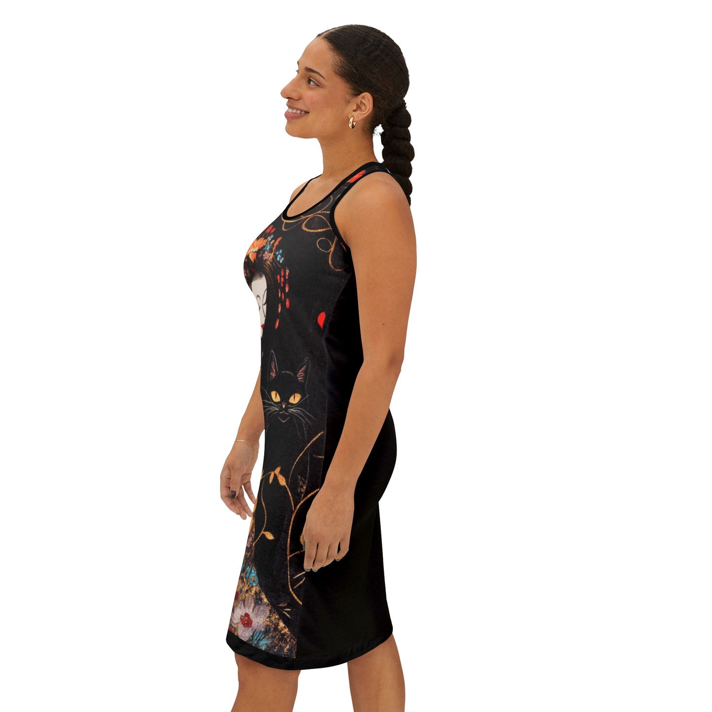 Geisha Cat Floral Racerback Dress, Summer Casual Dress, Ideal for Festivals, Beach Wear, Unique Gift for Women, Art Inspired Fashion