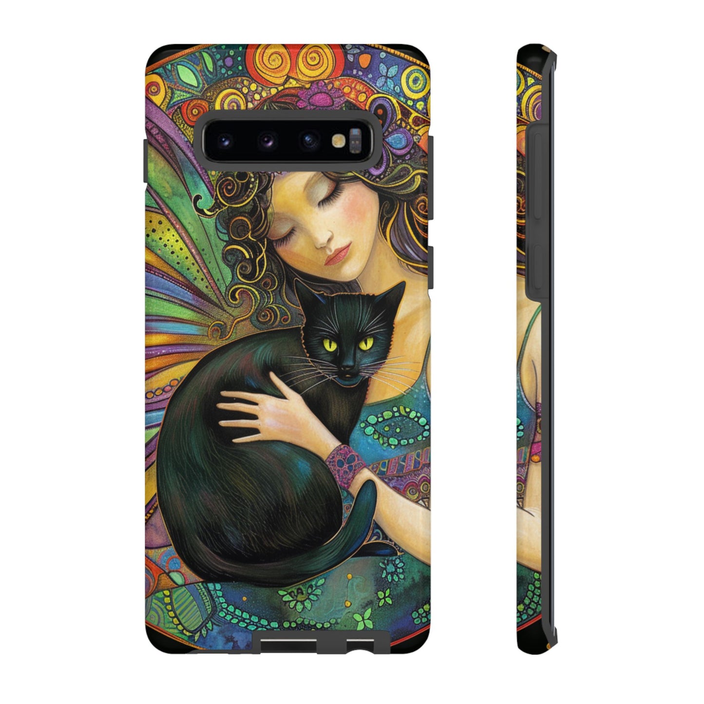 Artistic Phone Case, Celestial Cat Case, Bohemian Style, Gift for Cat Lovers, Unique Phone Protection, Colorful Design