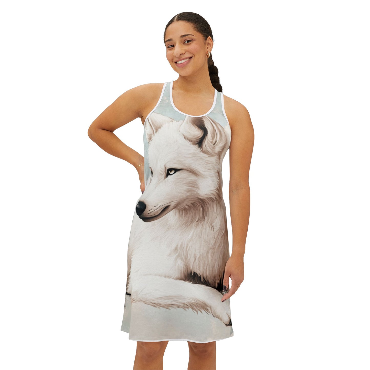 Stylish Wolf Print Women's Racerback Dress, Casual Summer Dress, Animal Lover Dress, Outdoor Party Outfit, Unique Gift for Her