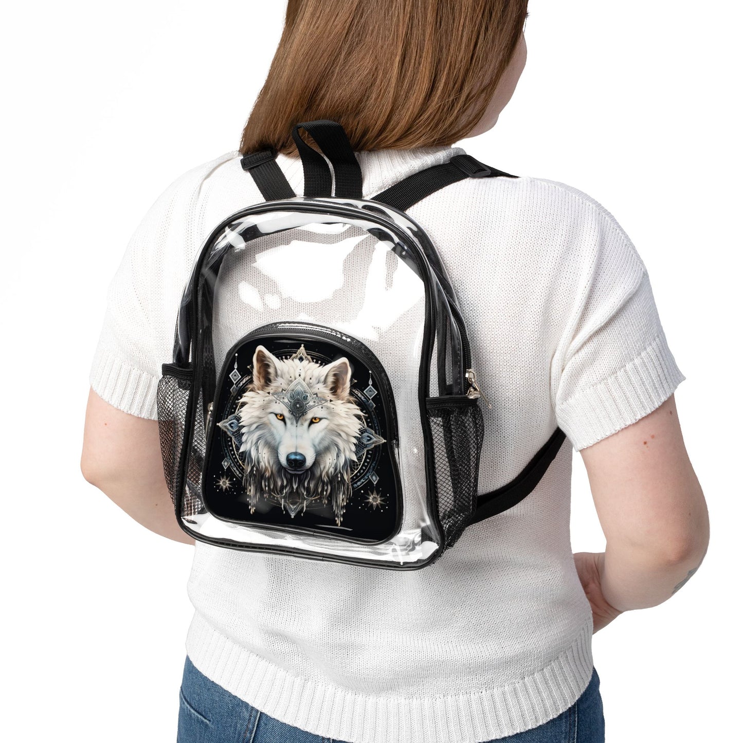 Transparent Wolf Print Backpack for Outdoors, Concerts, and Sports, Stadium Approved, Clear Bag with Wolf Design, Animal Lover Gift