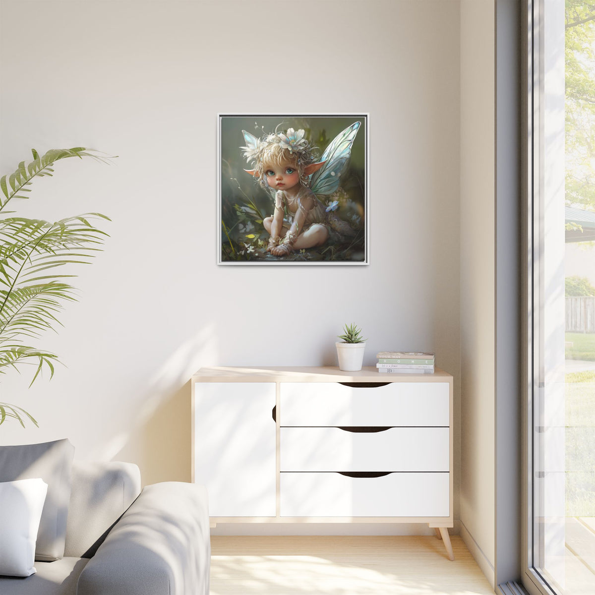Baby Fairy Art Print, Framed Canvas, Whimsical Home Decor, Fairy Tale Gift, Magical Nursery Wall Art