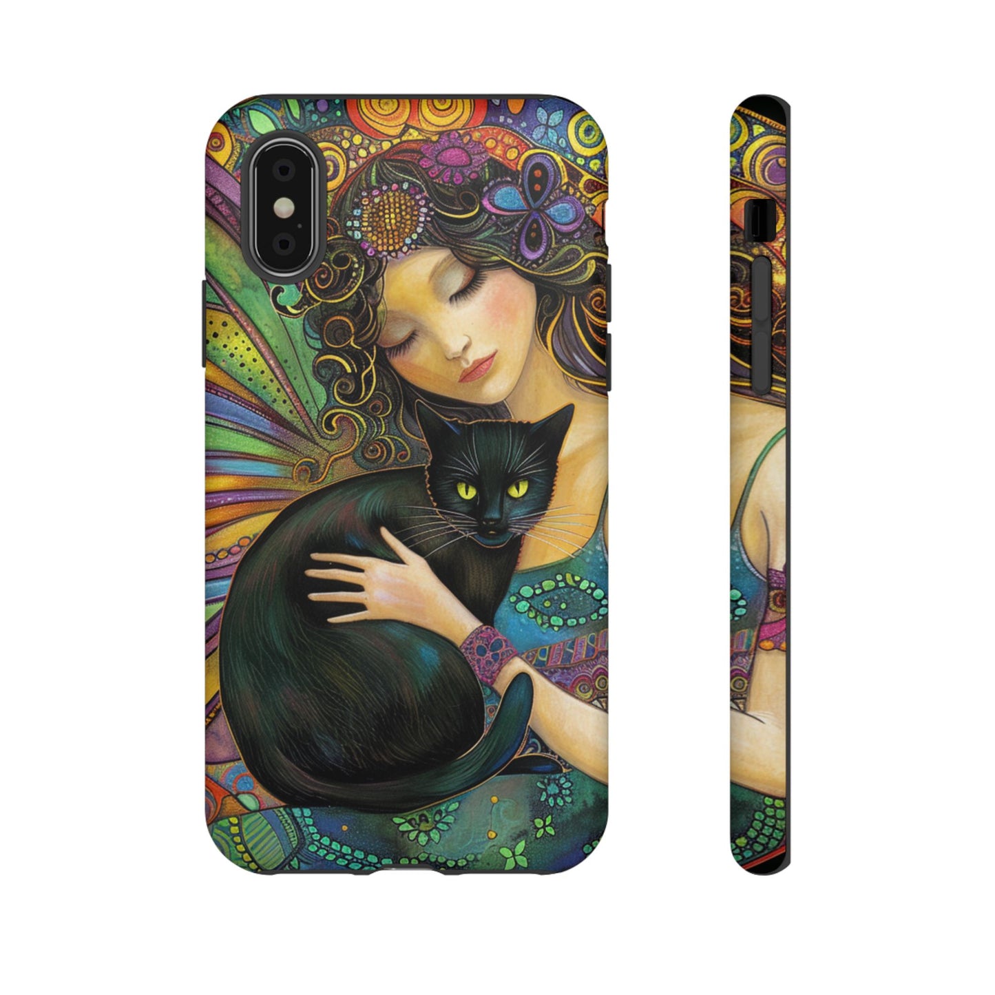 Artistic Phone Case, Celestial Cat Case, Bohemian Style, Gift for Cat Lovers, Unique Phone Protection, Colorful Design