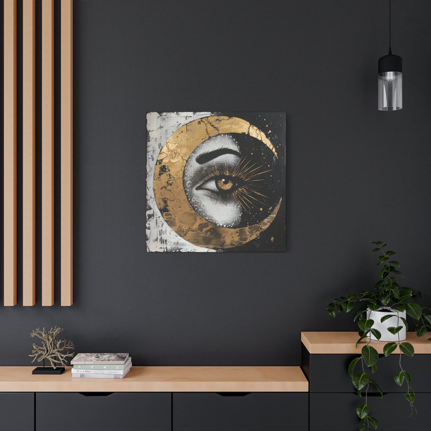 Celestial Eye Canvas Art, Gold Moon Wall Decor, Modern Home Aesthetic, Spiritual Artwork, Gift for Meditation, Boho Living Room Accent