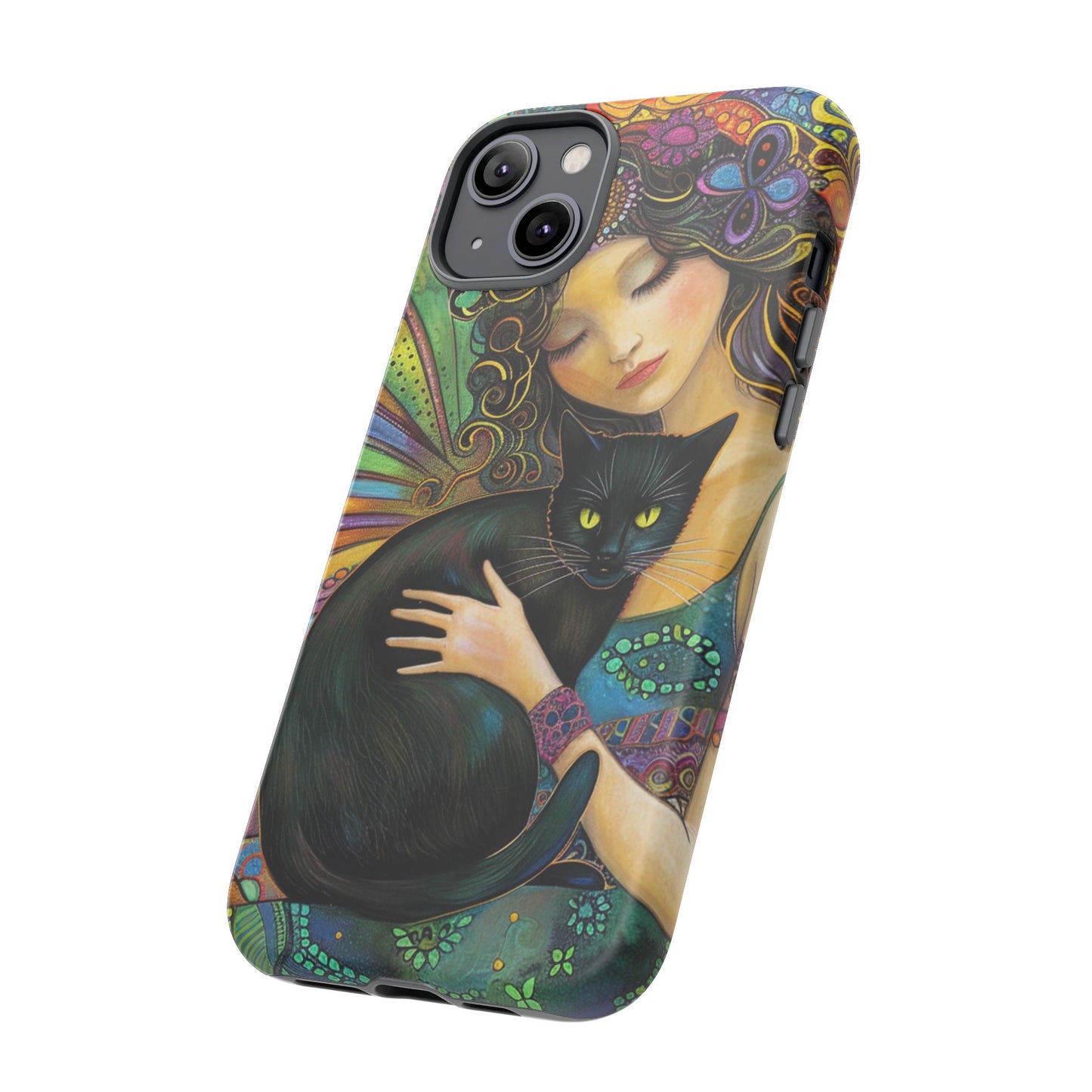 Artistic Phone Case, Celestial Cat Case, Bohemian Style, Gift for Cat Lovers, Unique Phone Protection, Colorful Design