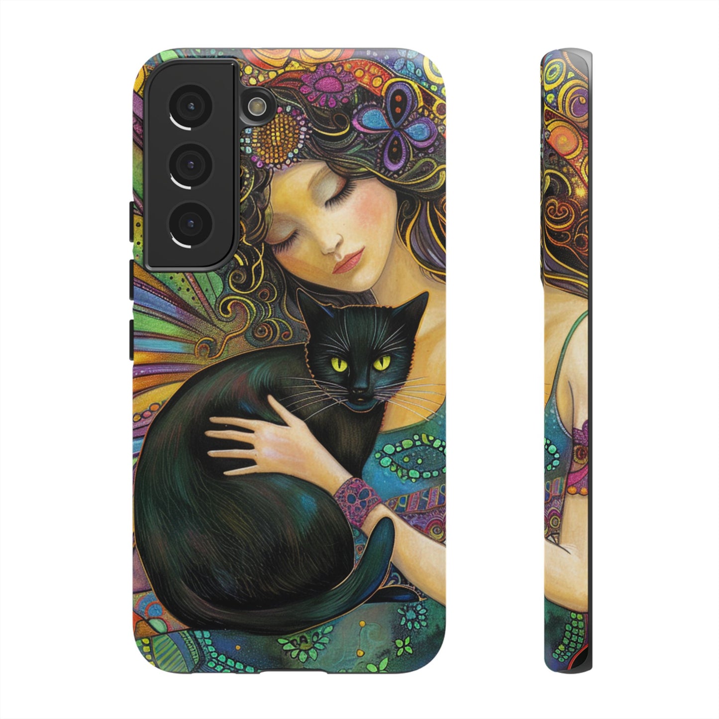 Artistic Phone Case, Celestial Cat Case, Bohemian Style, Gift for Cat Lovers, Unique Phone Protection, Colorful Design