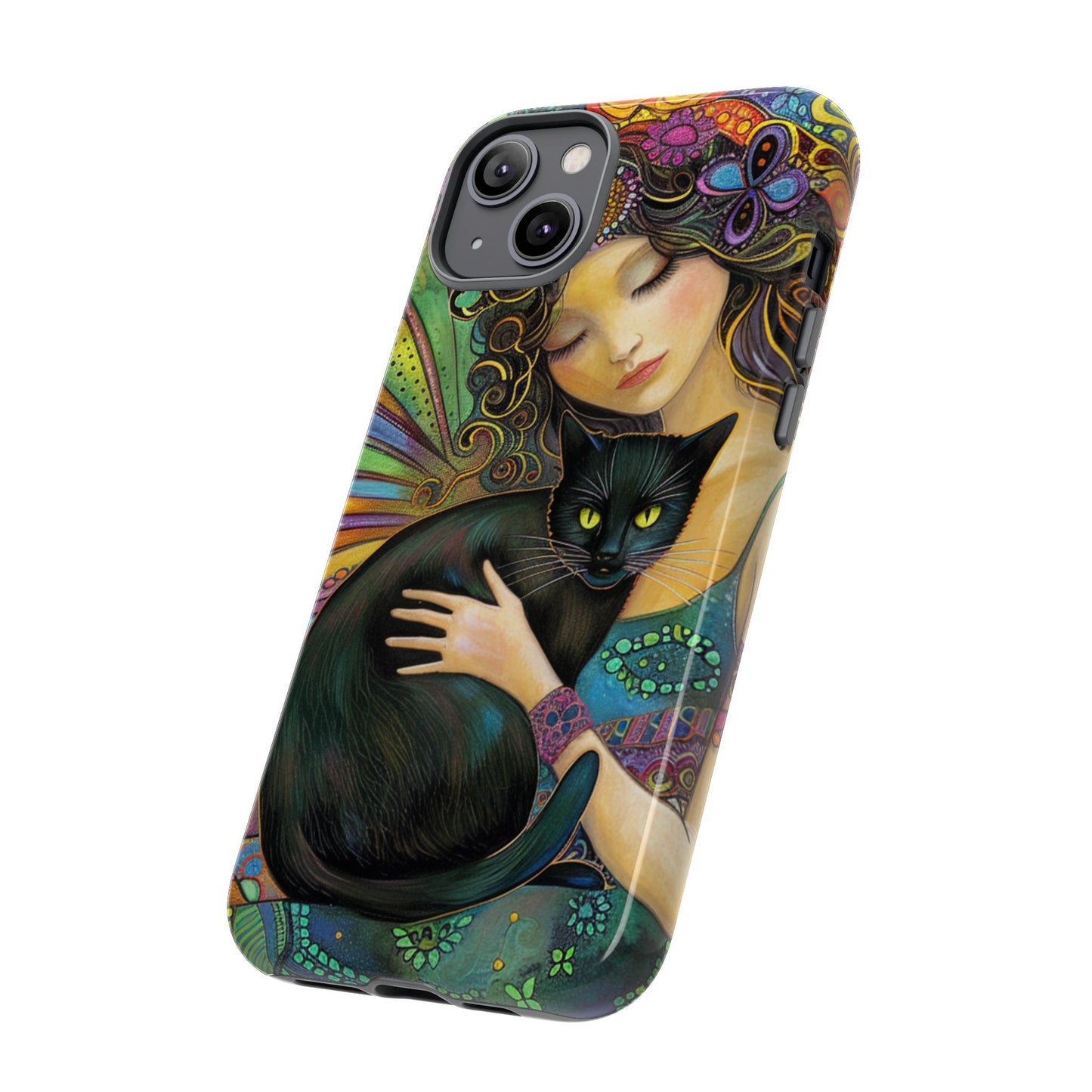 Artistic Phone Case, Celestial Cat Case, Bohemian Style, Gift for Cat Lovers, Unique Phone Protection, Colorful Design