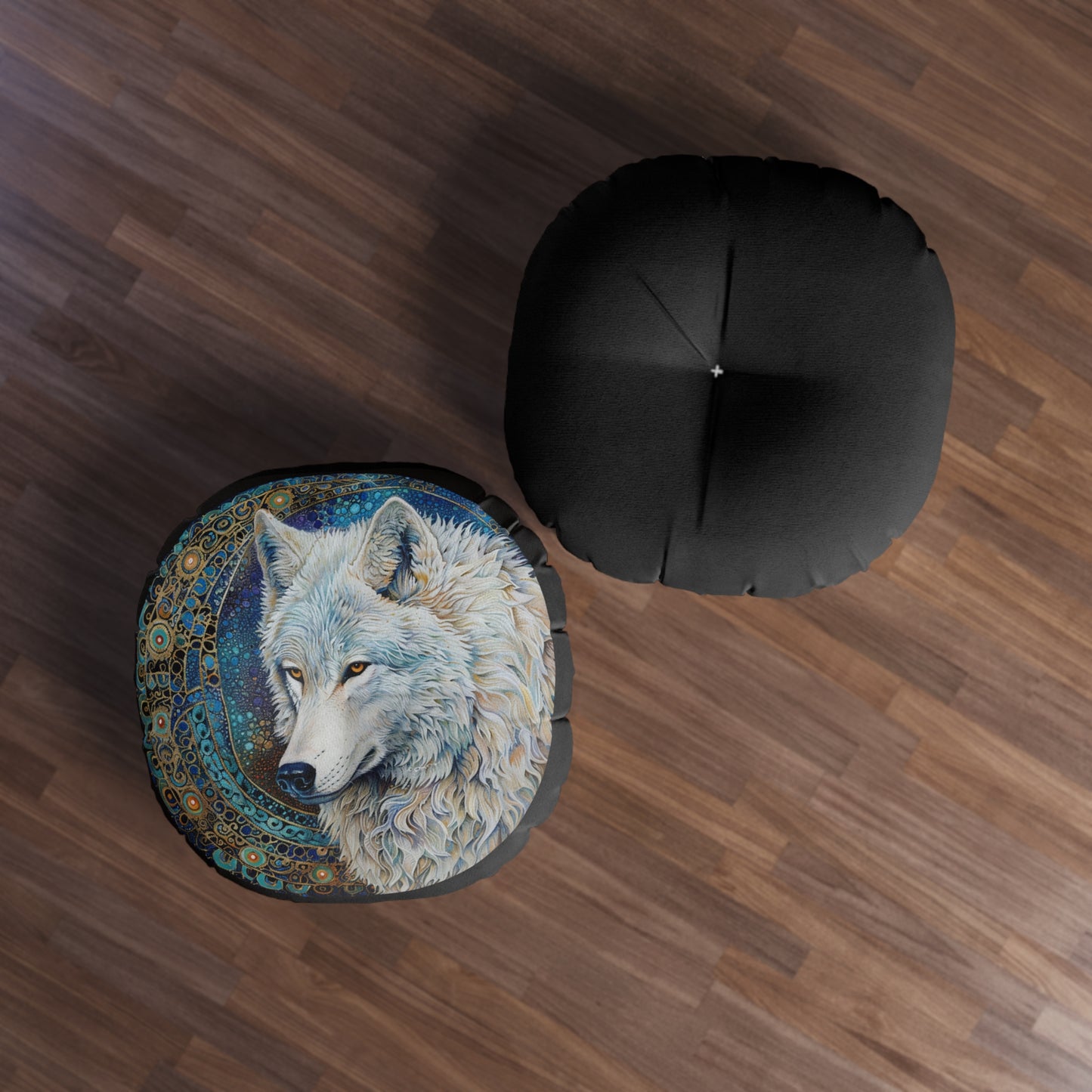 Wolf Print Tufted Floor Pillow, Round Decorative Cushion, Cosmic Home Decor, Nature-inspired Throw Pillow, Boho Living Room Accent
