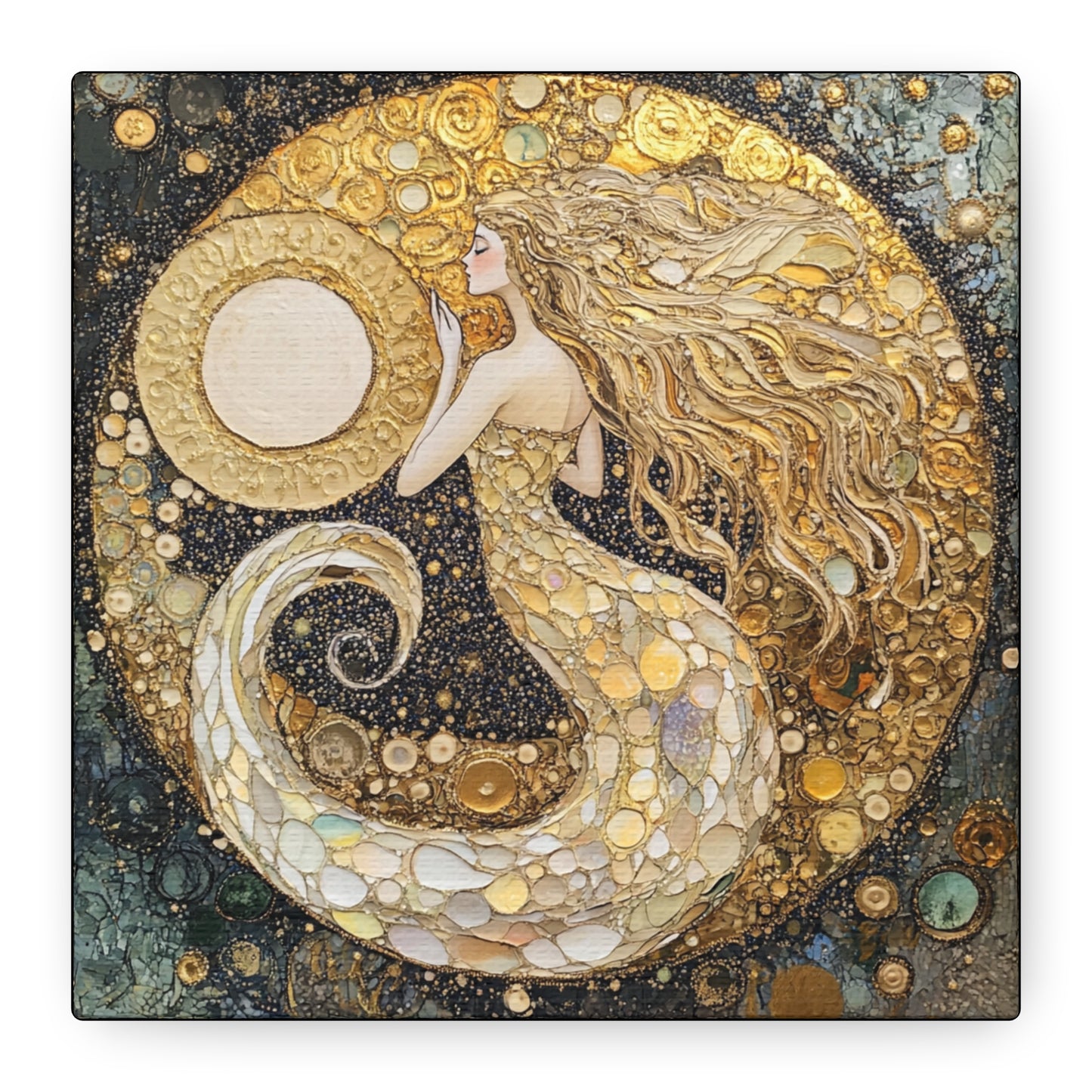 Mermaid Moon Art Canvas, Magical Home Decor, Coastal Vibes, Bohemian Wall Art, Gift for Sea Lovers, Nautical Aesthetic, Unique Art Piece