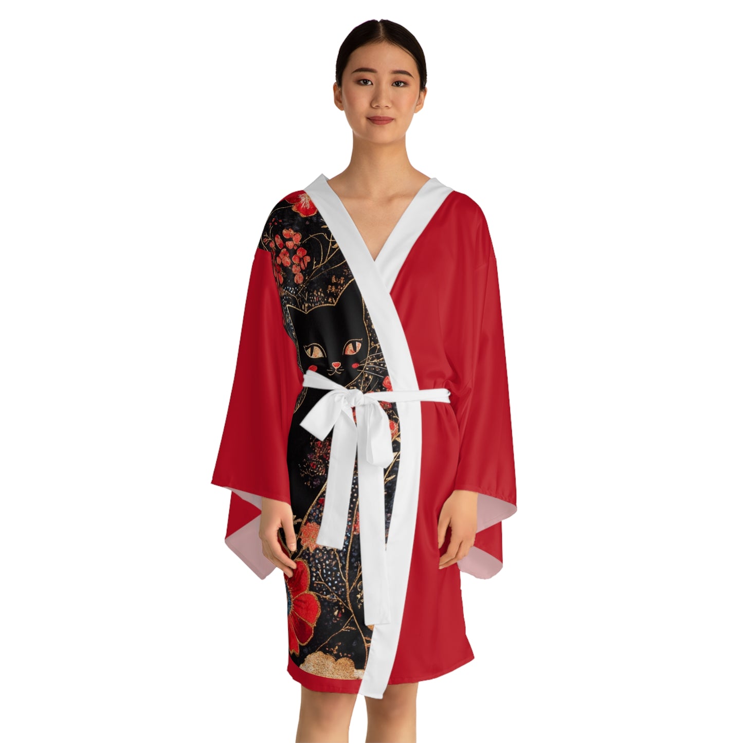 Geisha Cat Elegant Long Sleeve Kimono Robe, Cozy Loungewear, Perfect Gift for Her, Zen Home Decor, Cat Lovers' Style