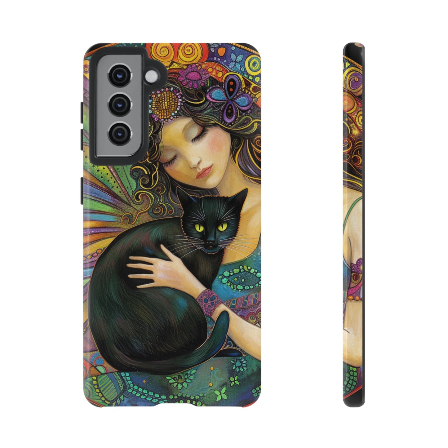 Artistic Phone Case, Celestial Cat Case, Bohemian Style, Gift for Cat Lovers, Unique Phone Protection, Colorful Design