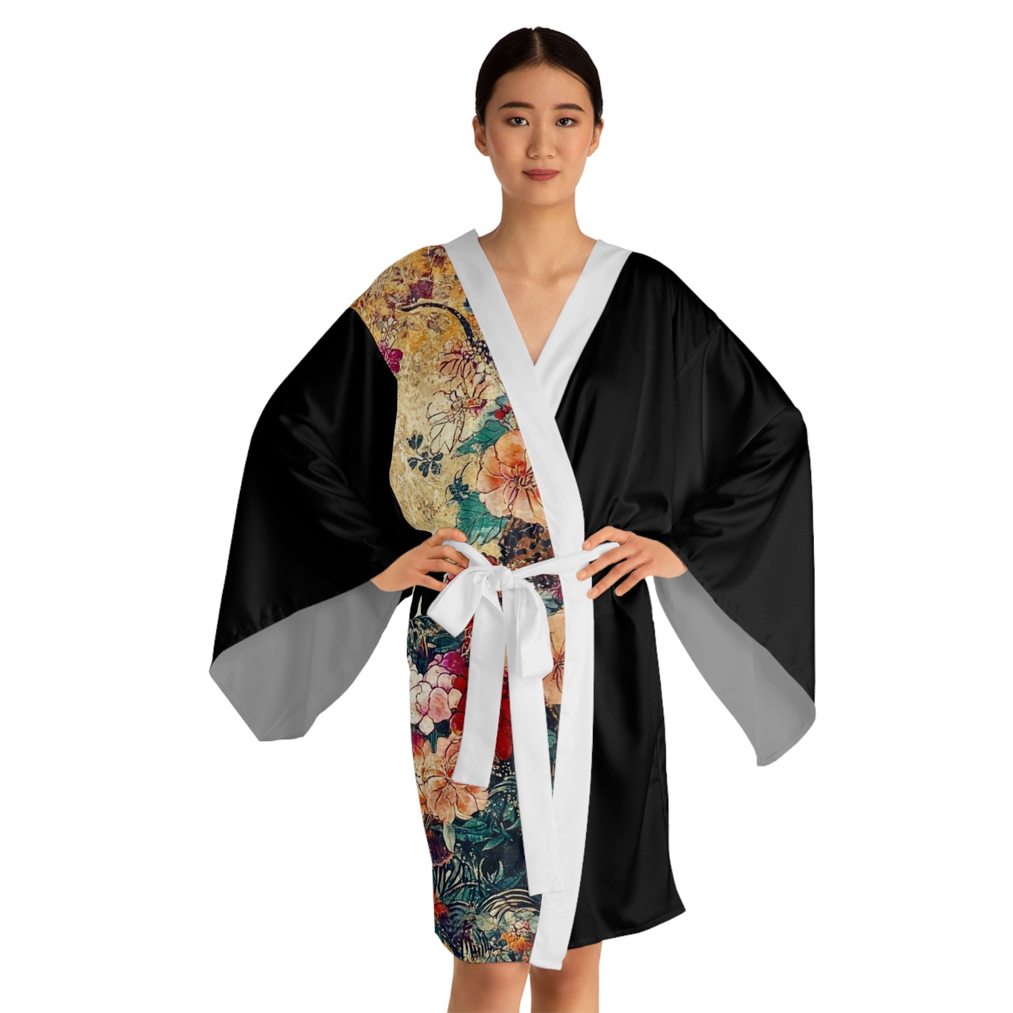 Geisha Cat Elegant Long Sleeve Kimono Robe, Cat-Themed Loungewear, Perfect for Relaxation, Gift for Cat Lovers, Cozy Home Decor
