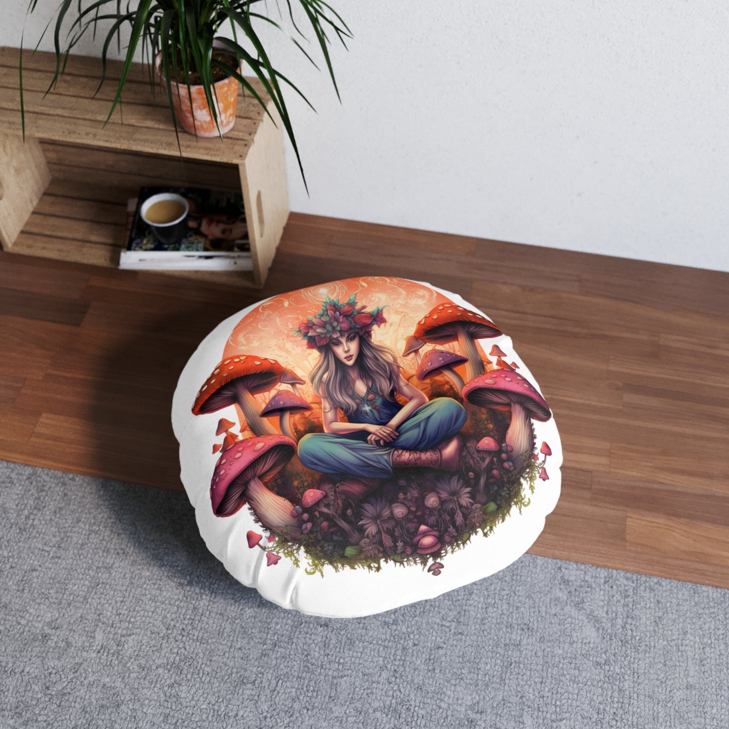 Boho Mushroom Tufted Floor Pillow, Round Cushion for Meditation, Home Decor, Gift for Nature Lovers, Cozy Seating, Bohemian Vibes