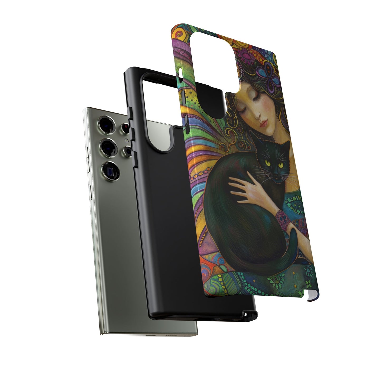 Artistic Phone Case, Celestial Cat Case, Bohemian Style, Gift for Cat Lovers, Unique Phone Protection, Colorful Design