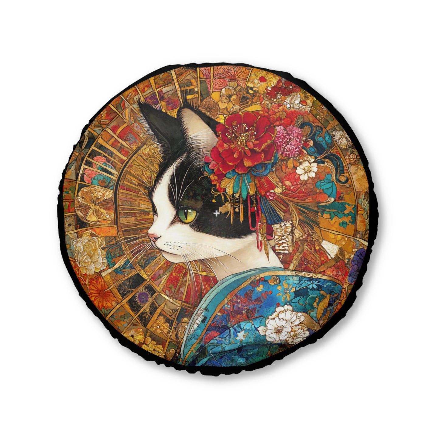 Elegant Geisha Cat Tufted Floor Pillow, Round, Cozy Home Decor, Cat Lover Gift, Boho Style Cushion, Unique Art Accent
