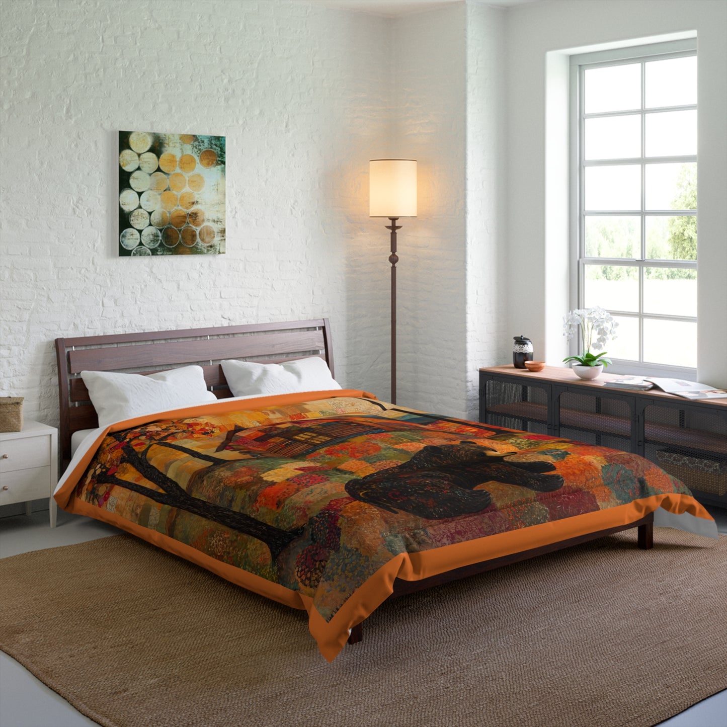Autumn Cabin Bear Comforter | Fall Patchwork Lodge Bedding
