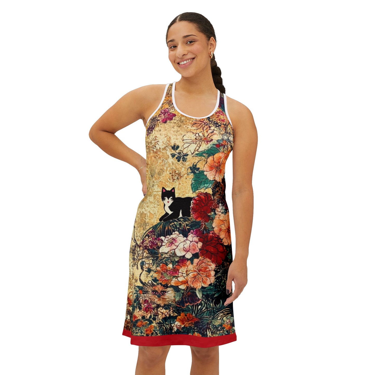 Geisha Cat Vintage Floral Cat Women's Racerback Dress, Summer Fashion, Casual Wear, Pet Lover Gift, Festive Occasions, Beach Cover-Up