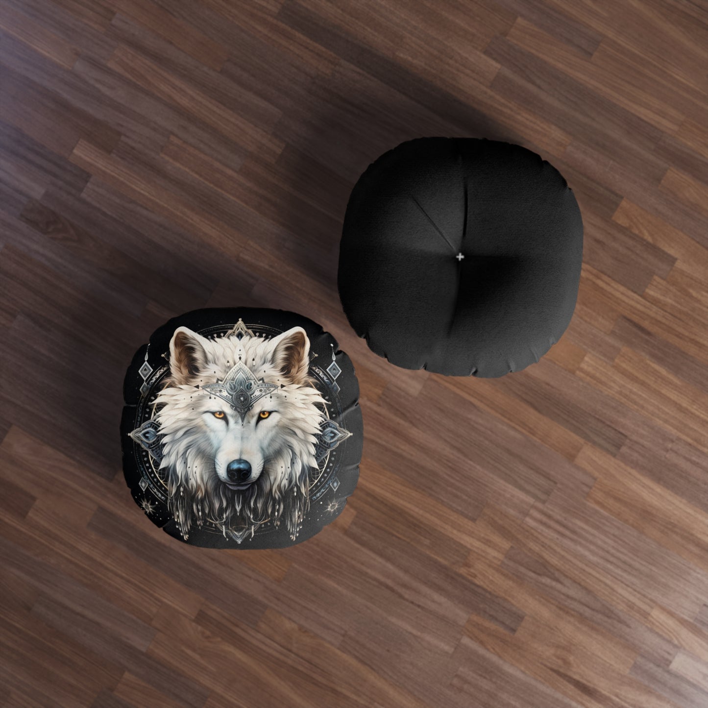 Bohemian Wolf Tufted Floor Pillow, Round Decorative Cushion, Cozy Living Room Decor, Boho Home Accent, Gift Idea for Animal Lovers
