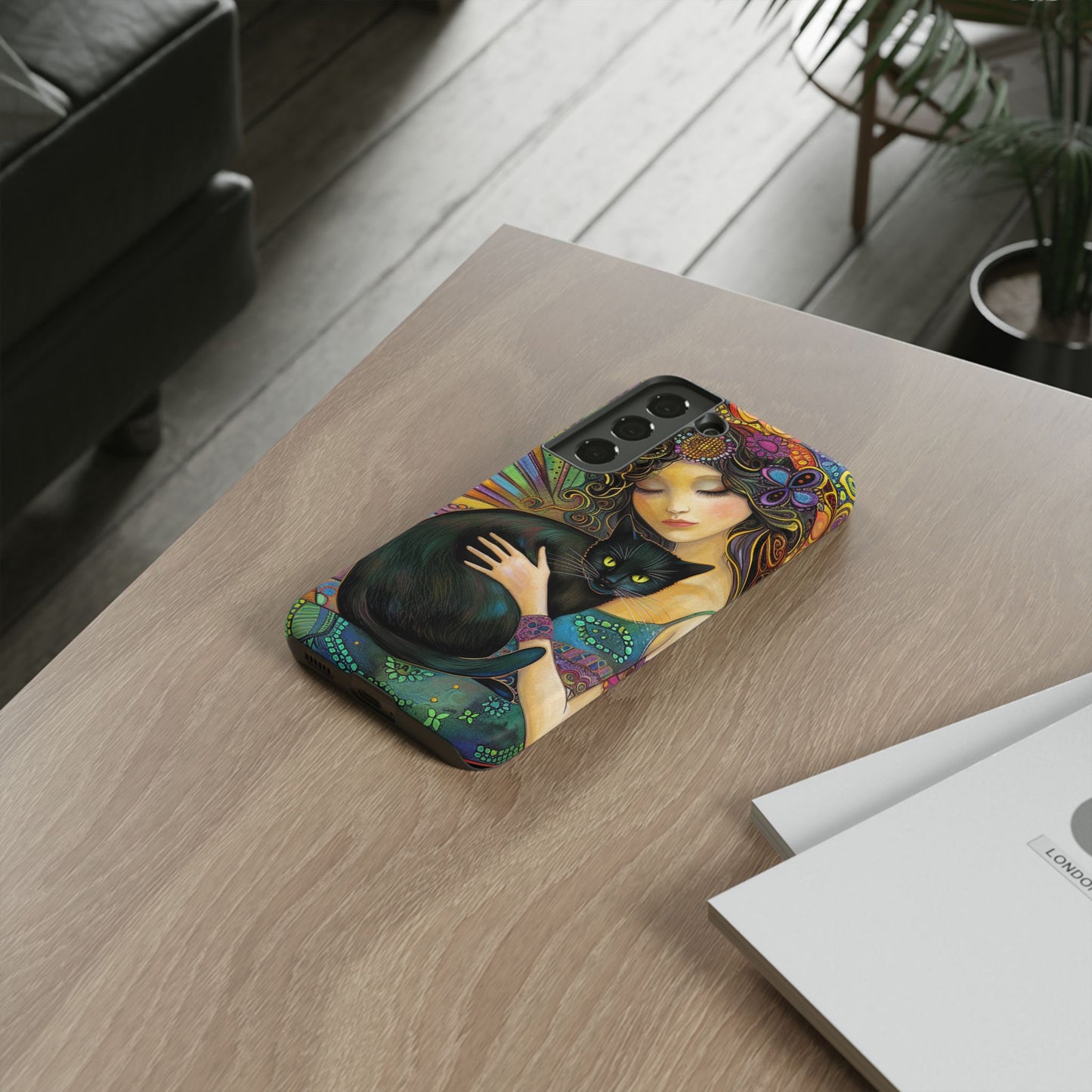 Artistic Phone Case, Celestial Cat Case, Bohemian Style, Gift for Cat Lovers, Unique Phone Protection, Colorful Design