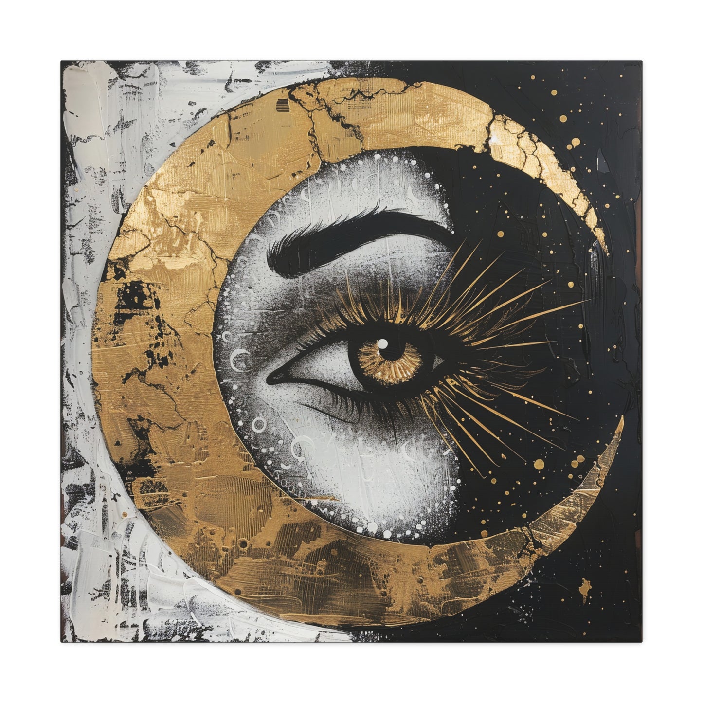 Celestial Eye Canvas Art, Gold Moon Wall Decor, Modern Home Aesthetic, Spiritual Artwork, Gift for Meditation, Boho Living Room Accent