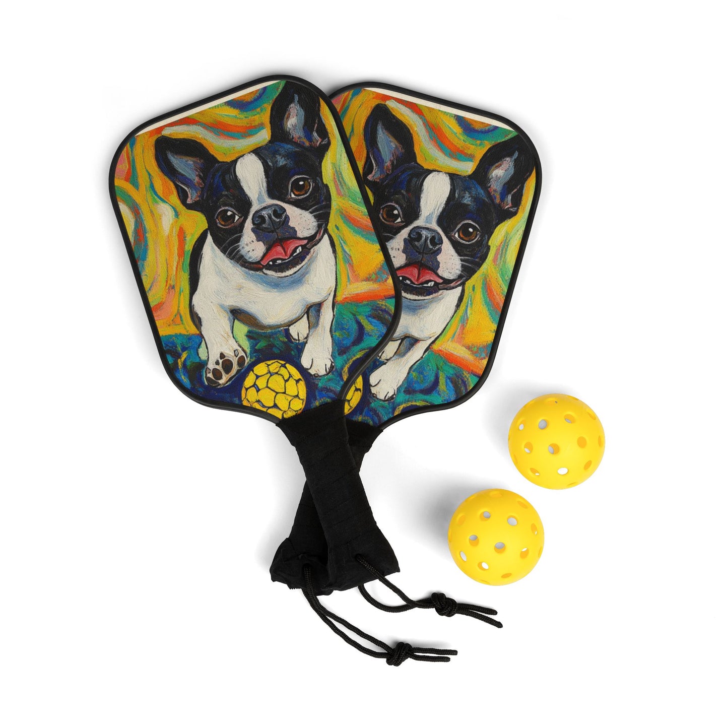 Pickleball Paddle Set with Boston Terrier, Fun Pickleball Gear for Pet Lovers, Sports Gift, Outdoor Fun, Unique Pickleball Accessories