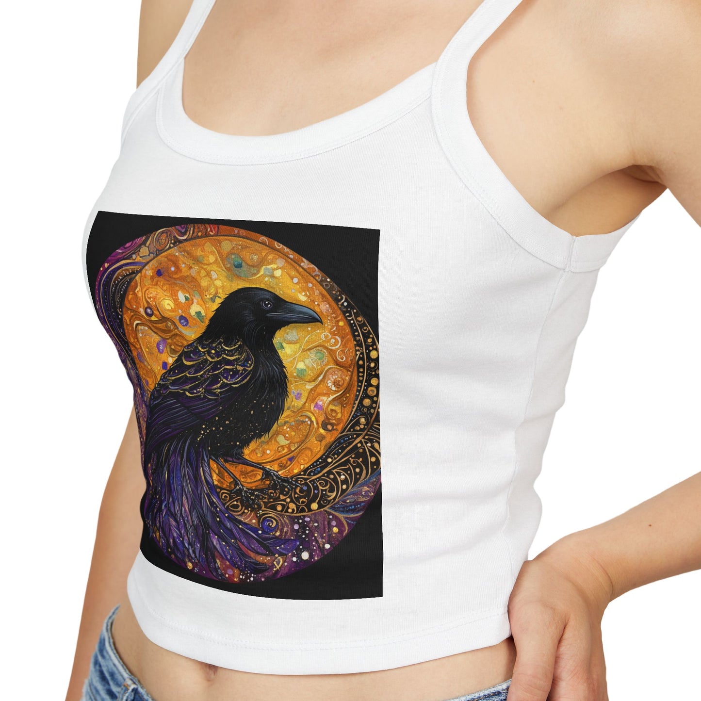 Mystical Raven Tank Top, Bohemian Crop Tee, Women's Summer Apparel, Festival Wear, Moon Phase Fashion