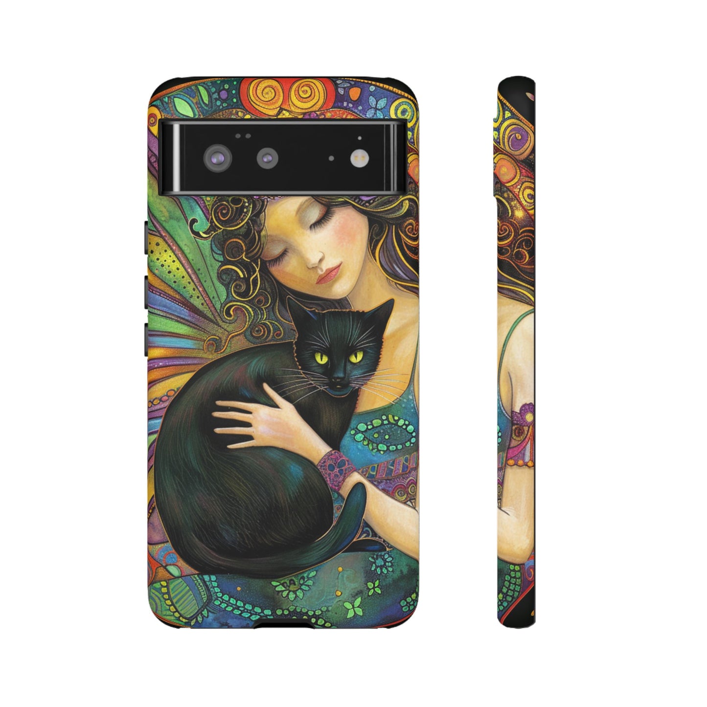 Artistic Phone Case, Celestial Cat Case, Bohemian Style, Gift for Cat Lovers, Unique Phone Protection, Colorful Design