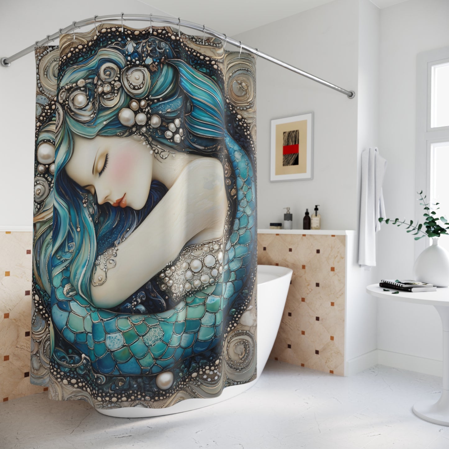 Elegant Mermaid Shower Curtain with Pearl Design, Nautical Bathroom Decor, Gifts for Ocean Lovers, Home Makeover, Coastal Vibe