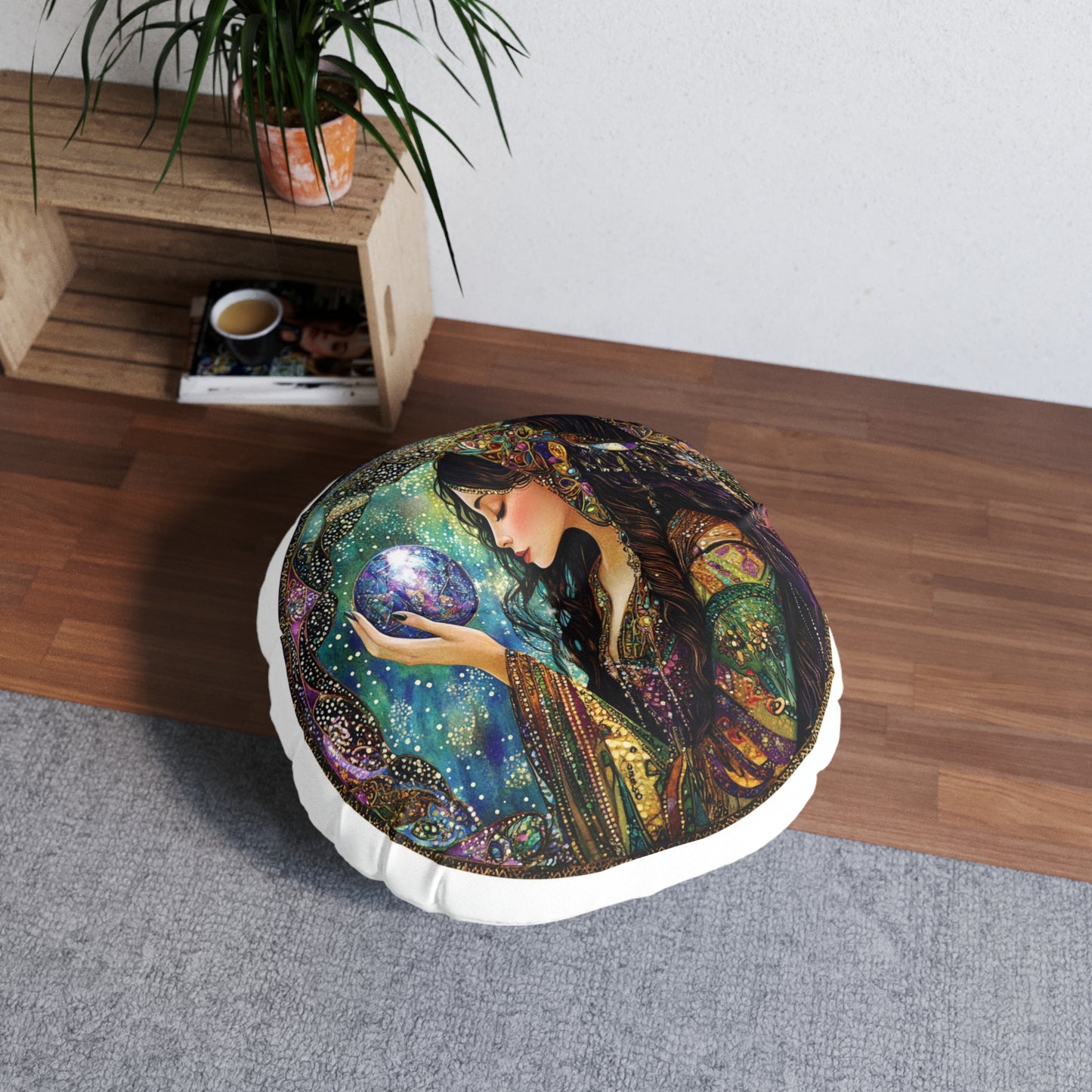 Bohemian Mystic Round Tufted Floor Pillow, Cozy Home Decor, Boho Chic Cushion, Meditation Pillow, Gift for Dreamers