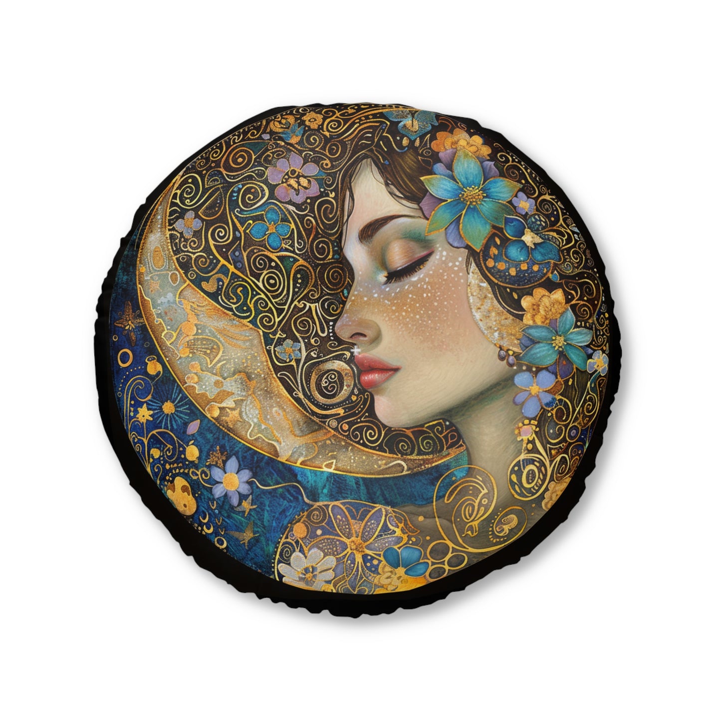 Lady of The Moon Bohemian Round Tufted Floor Pillow, Cozy Home Decor, Meditation Cushion, Artistic Pillow, Gift for Her