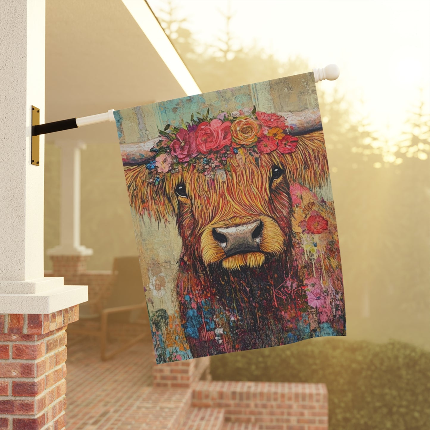 Floral Highland Cow Garden Banner, Outdoor Decor, Farmhouse Style Flag, Ranch Decor, Spring and Summer Decor, Gift for Garden Lovers
