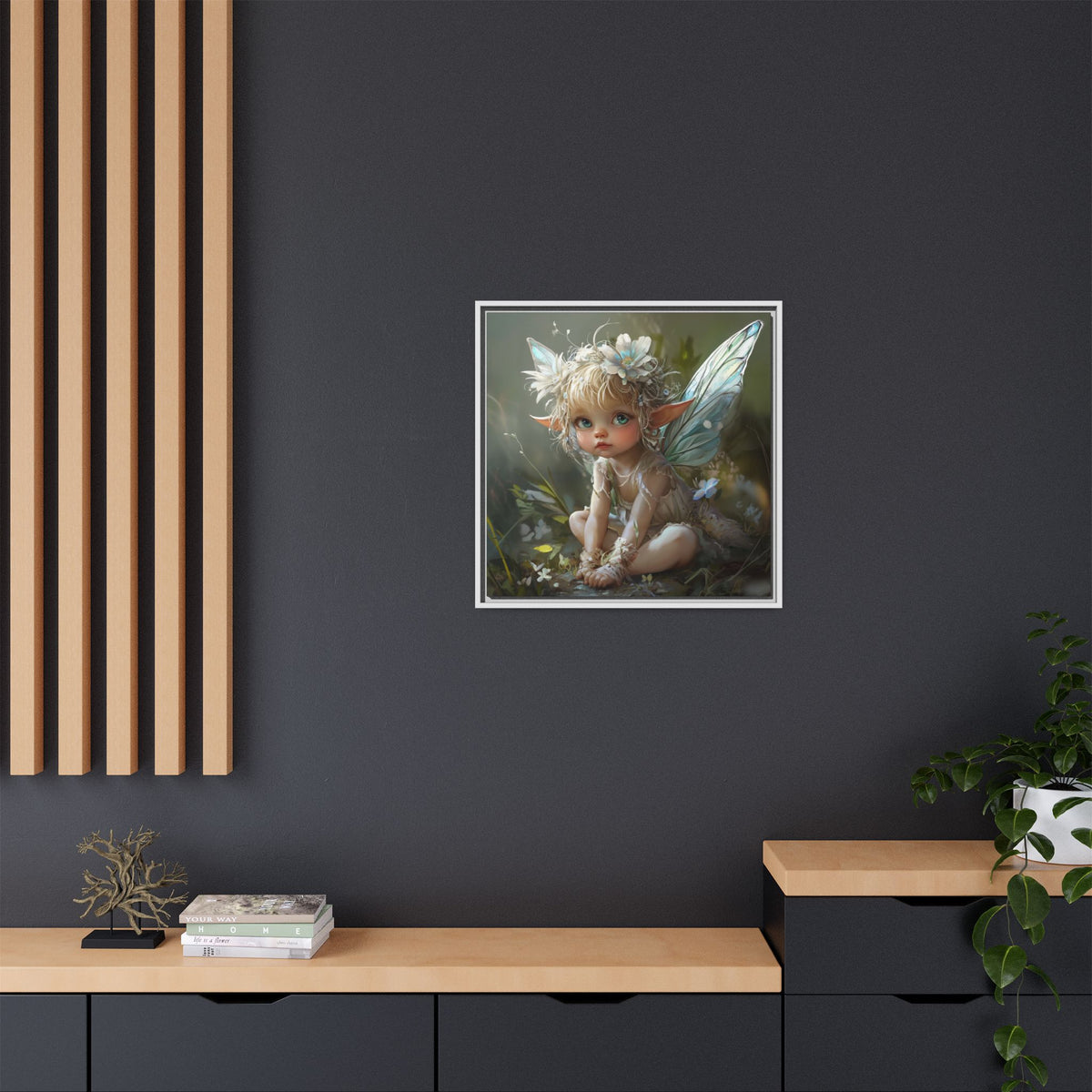 Baby Fairy Art Print, Framed Canvas, Whimsical Home Decor, Fairy Tale Gift, Magical Nursery Wall Art