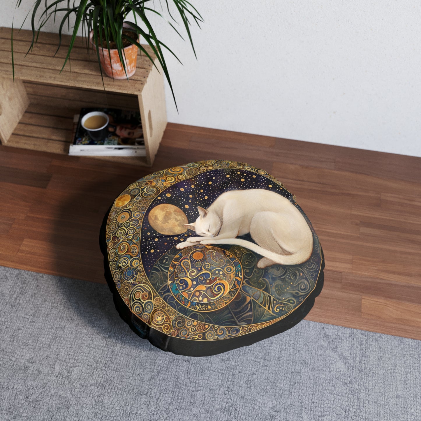 Dreamy Celestial Cat Tufted Floor Pillow, Bohemian Home Decor, Cozy