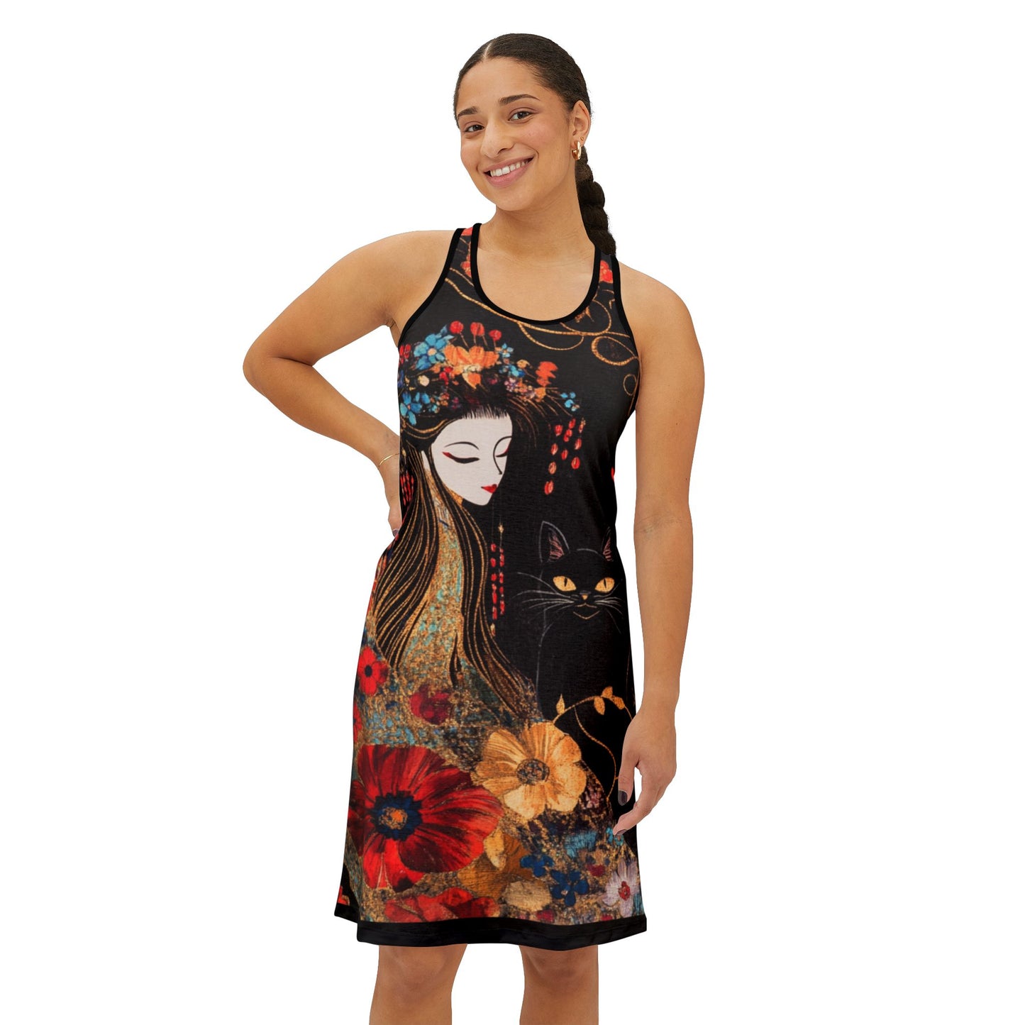 Geisha Cat Floral Racerback Dress, Summer Casual Dress, Ideal for Festivals, Beach Wear, Unique Gift for Women, Art Inspired Fashion