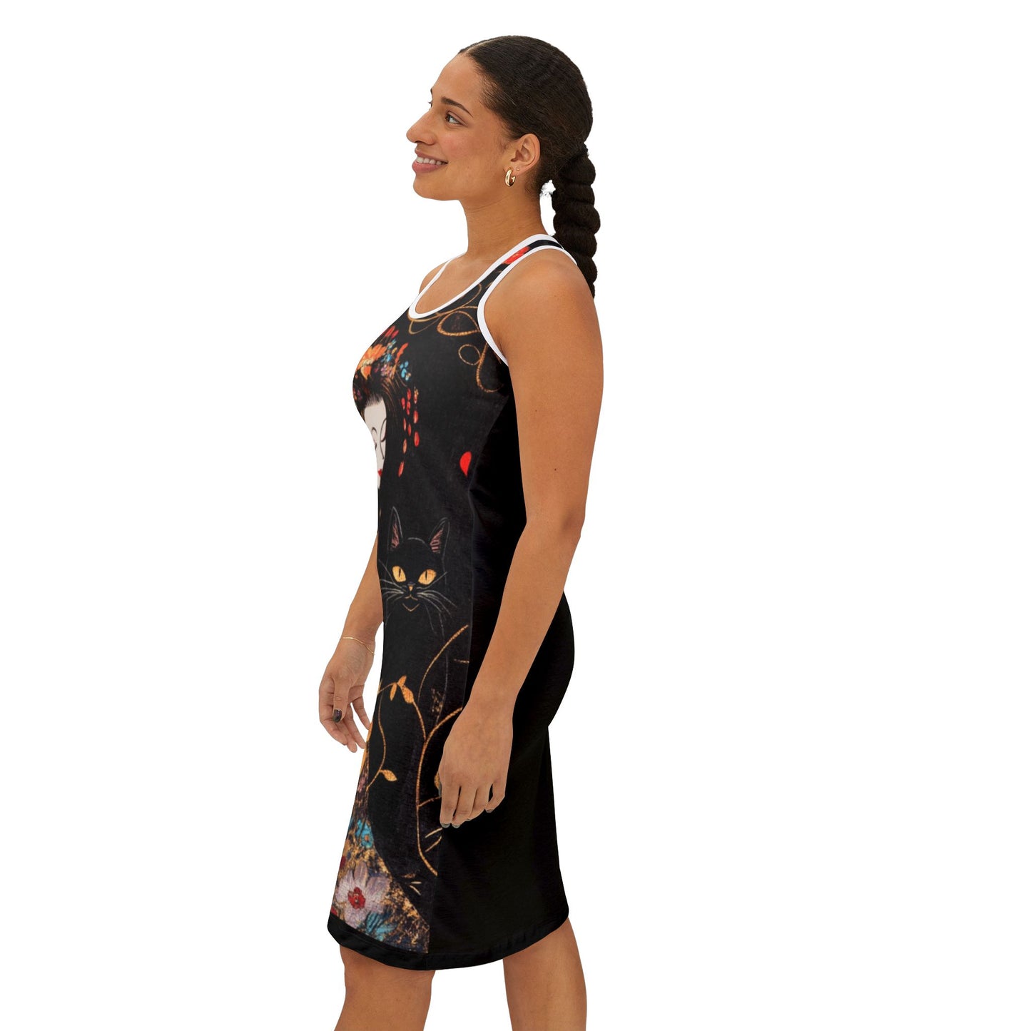 Geisha Cat Floral Racerback Dress, Summer Casual Dress, Ideal for Festivals, Beach Wear, Unique Gift for Women, Art Inspired Fashion
