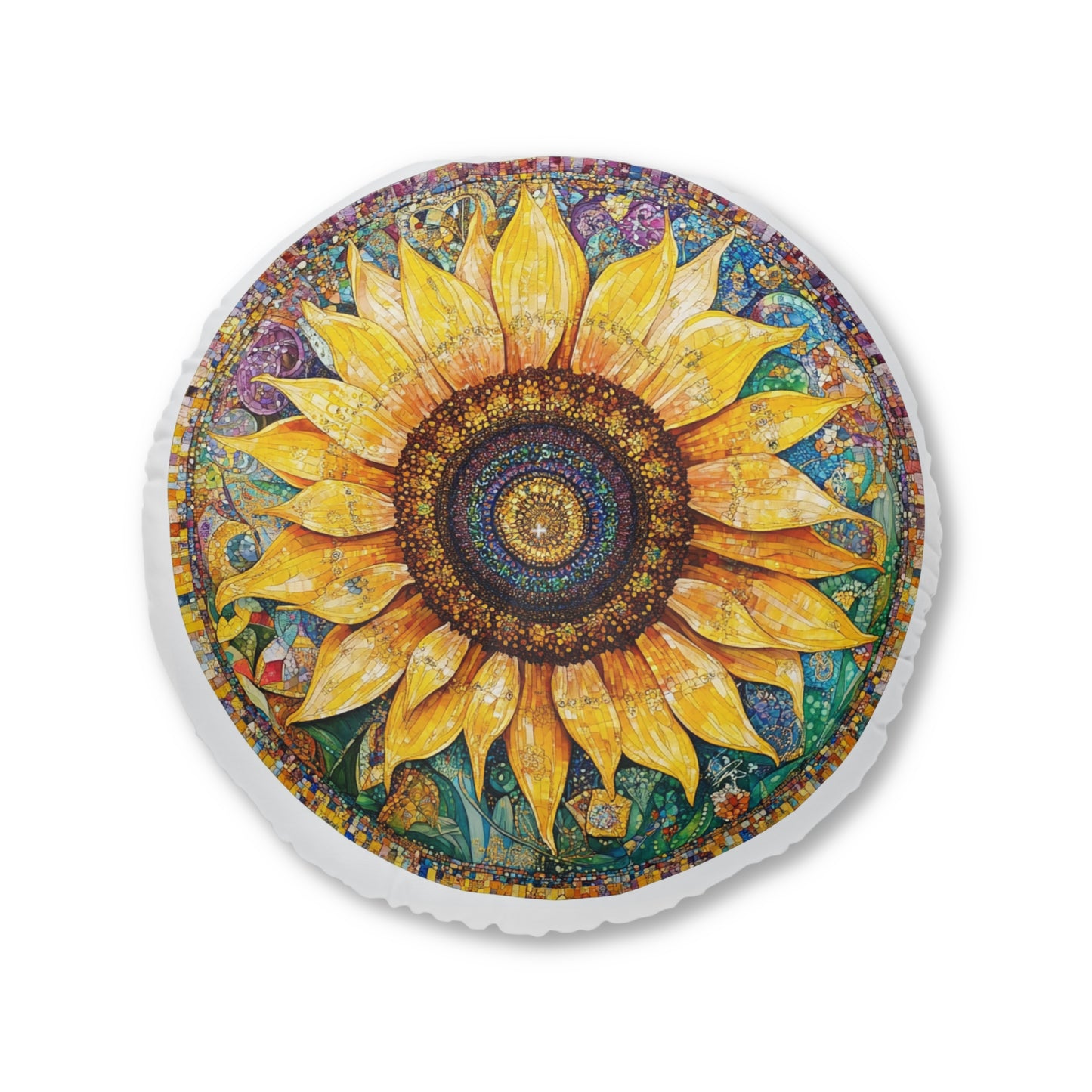 Sunflower Tufted Floor Pillow, Round - Boho Home Decor, Cozy Seating Cushion, Flower Pattern Accent Pillow, Nature Inspired Gift