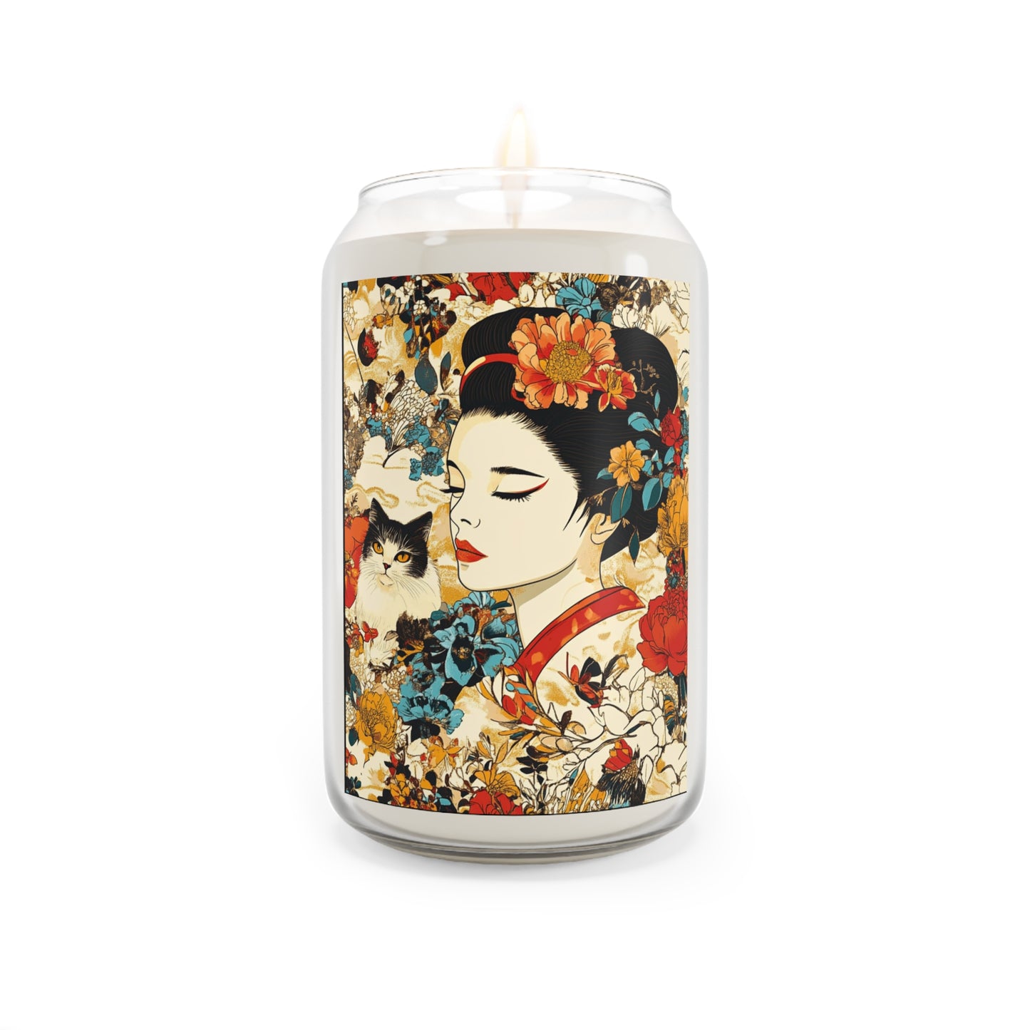 Geisha Cat Floral Scented Soy Candle, Relaxing Home Decor, Gift for Her, Aromatherapy Candle, Unique Housewarming Gift