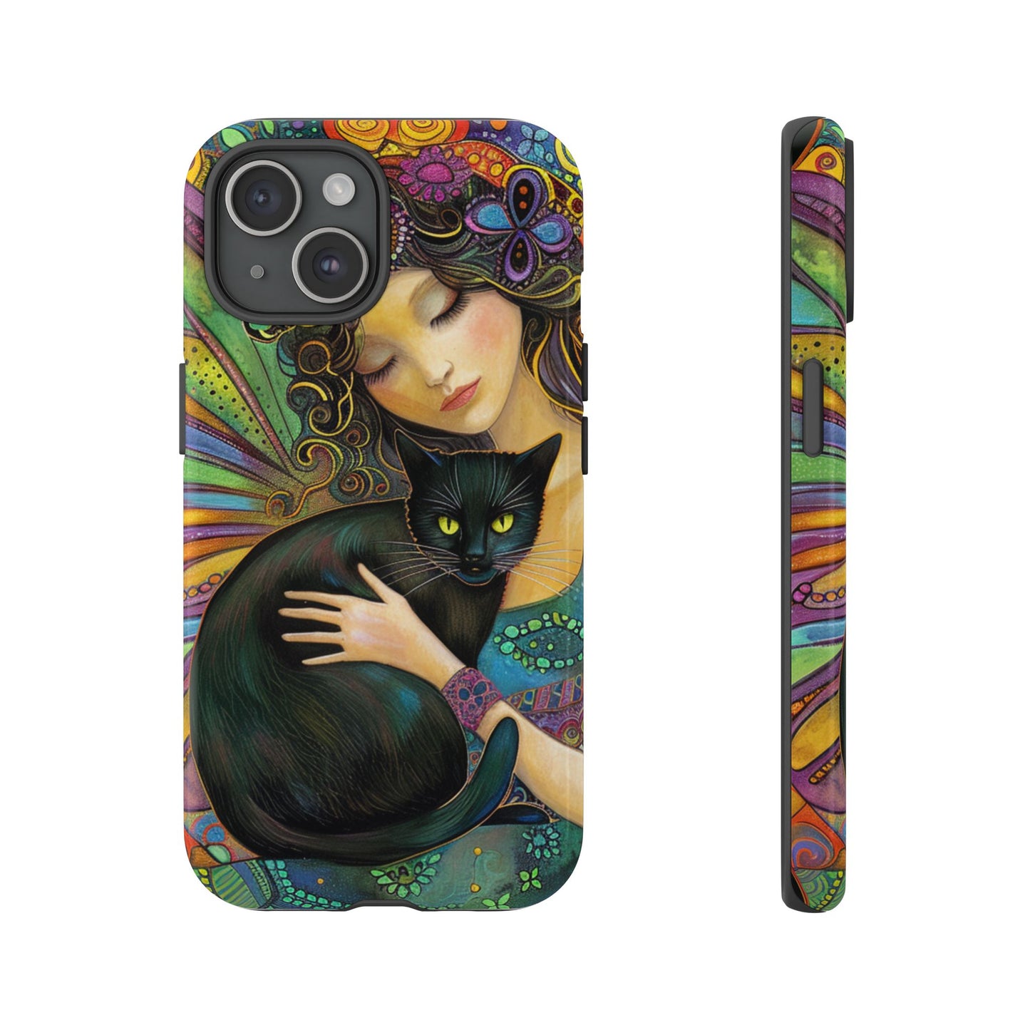 Artistic Phone Case, Celestial Cat Case, Bohemian Style, Gift for Cat Lovers, Unique Phone Protection, Colorful Design