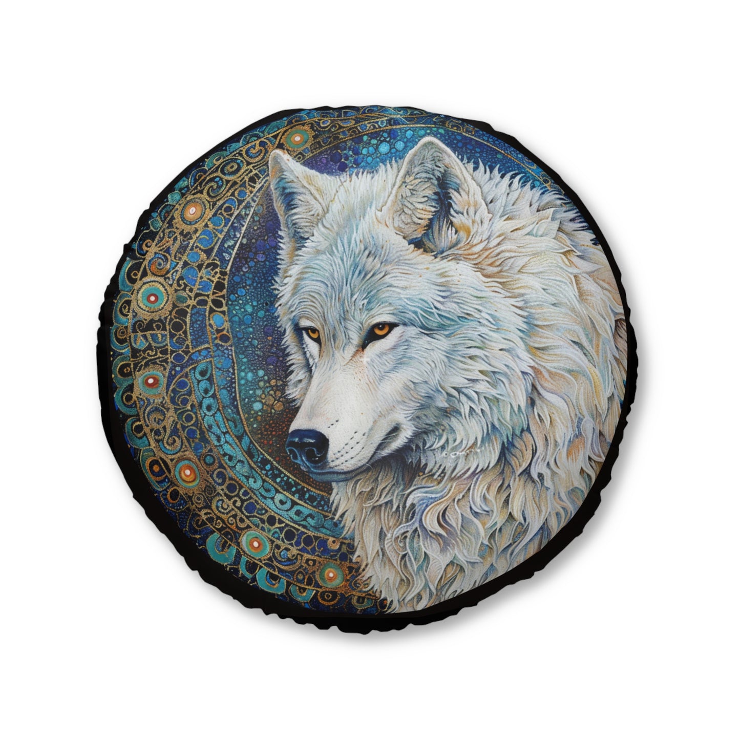 Wolf Print Tufted Floor Pillow, Round Decorative Cushion, Cosmic Home Decor, Nature-inspired Throw Pillow, Boho Living Room Accent