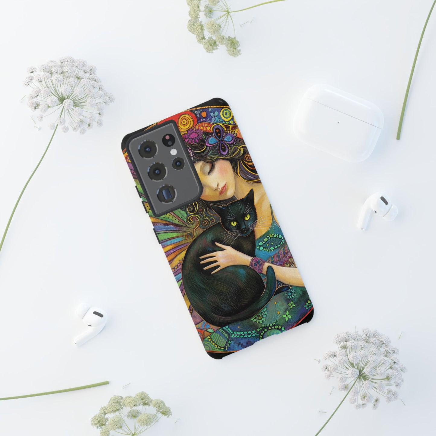 Artistic Phone Case, Celestial Cat Case, Bohemian Style, Gift for Cat Lovers, Unique Phone Protection, Colorful Design