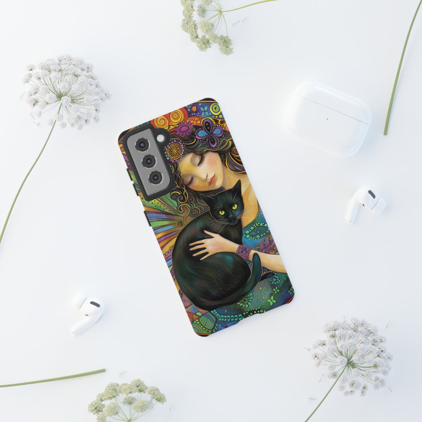 Artistic Phone Case, Celestial Cat Case, Bohemian Style, Gift for Cat Lovers, Unique Phone Protection, Colorful Design