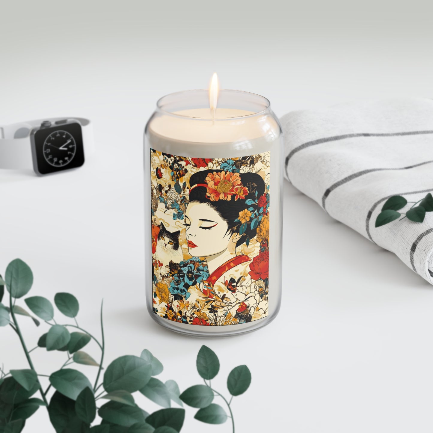 Geisha Cat Floral Scented Soy Candle, Relaxing Home Decor, Gift for Her, Aromatherapy Candle, Unique Housewarming Gift