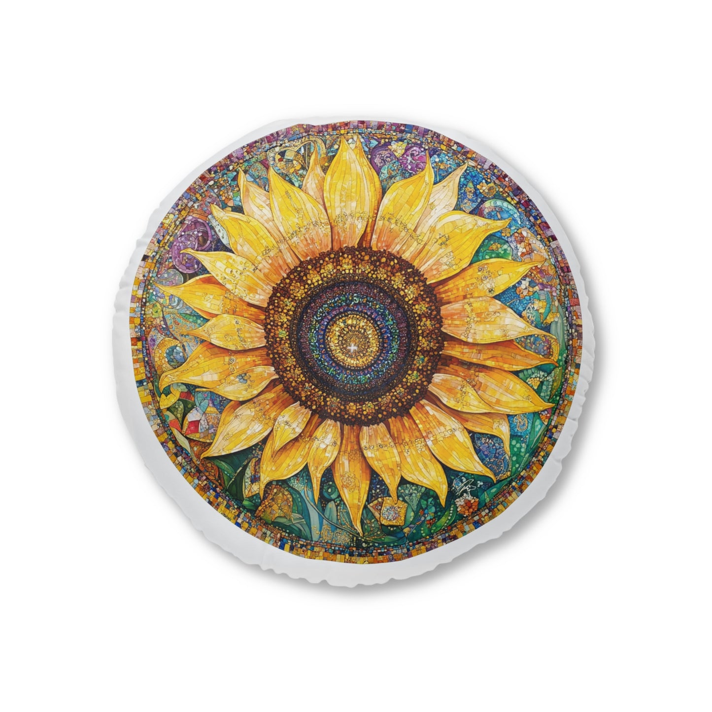 Sunflower Tufted Floor Pillow, Round - Boho Home Decor, Cozy Seating Cushion, Flower Pattern Accent Pillow, Nature Inspired Gift