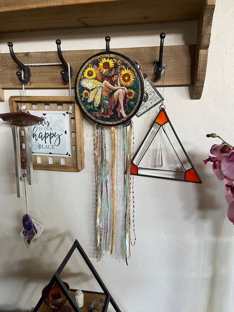 Sunflower Fairy Art Tambourine and Ribbon Wall Accent