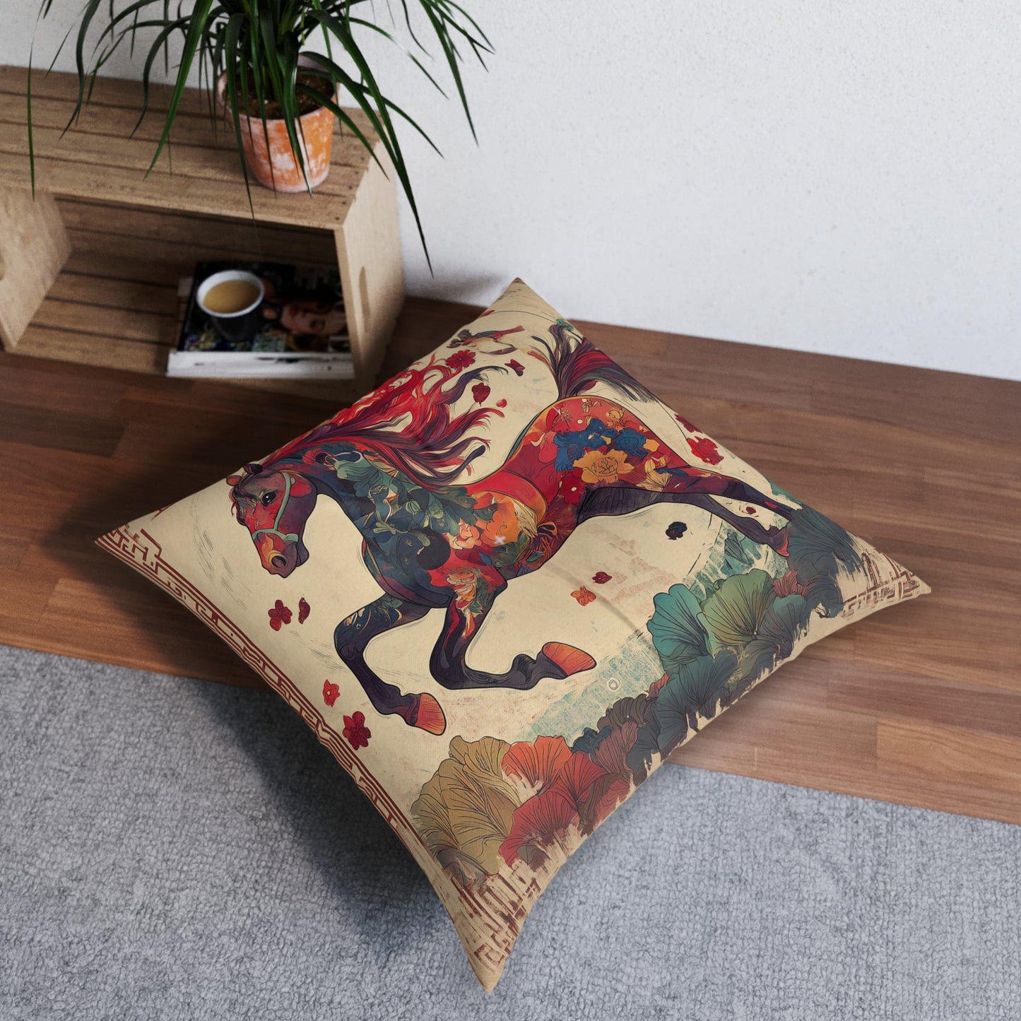 Year of the Horse Tufted Floor Pillow, Square | Colorful Equestrian Accent Cushion