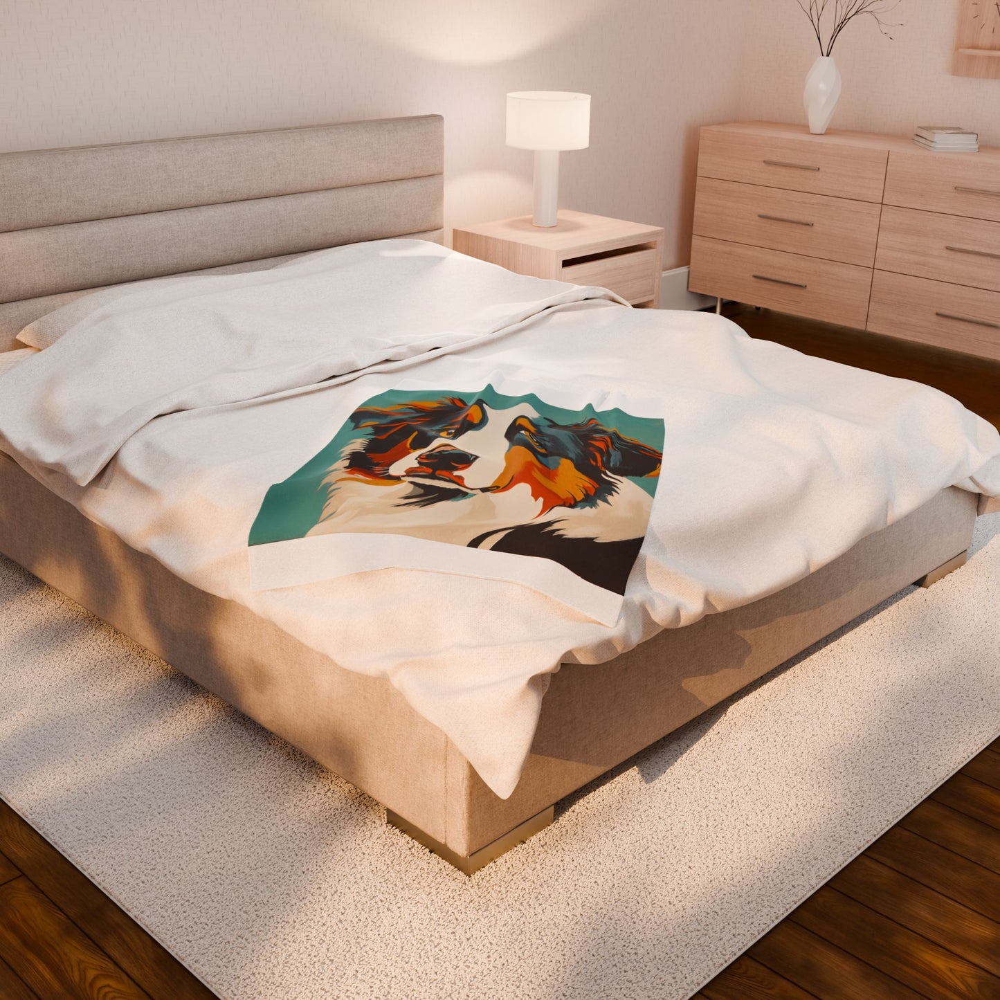 Mid Century Modern Black Tri Colored Aussie Portrait Velveteen Plush Blanket, Pet Lover Gift, Cozy Home Decor, Dog Enthusiast