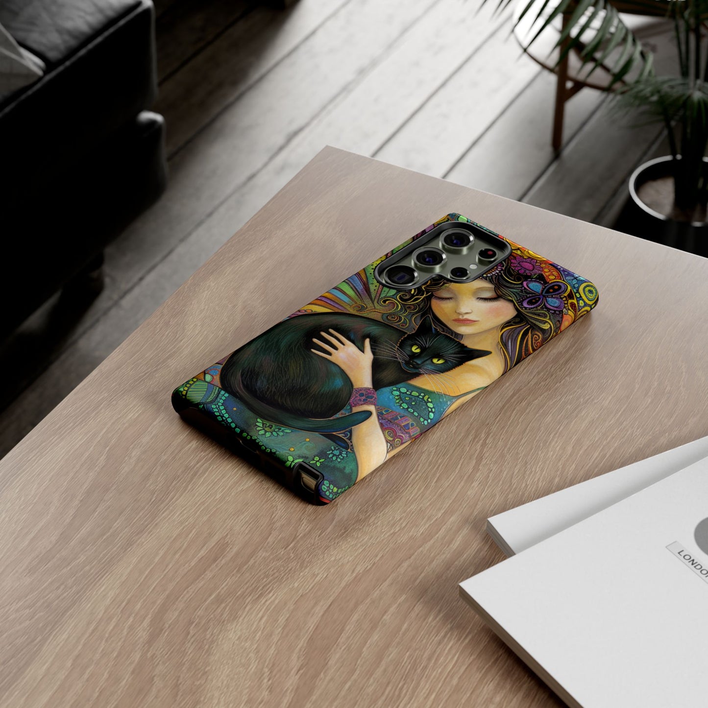 Artistic Phone Case, Celestial Cat Case, Bohemian Style, Gift for Cat Lovers, Unique Phone Protection, Colorful Design